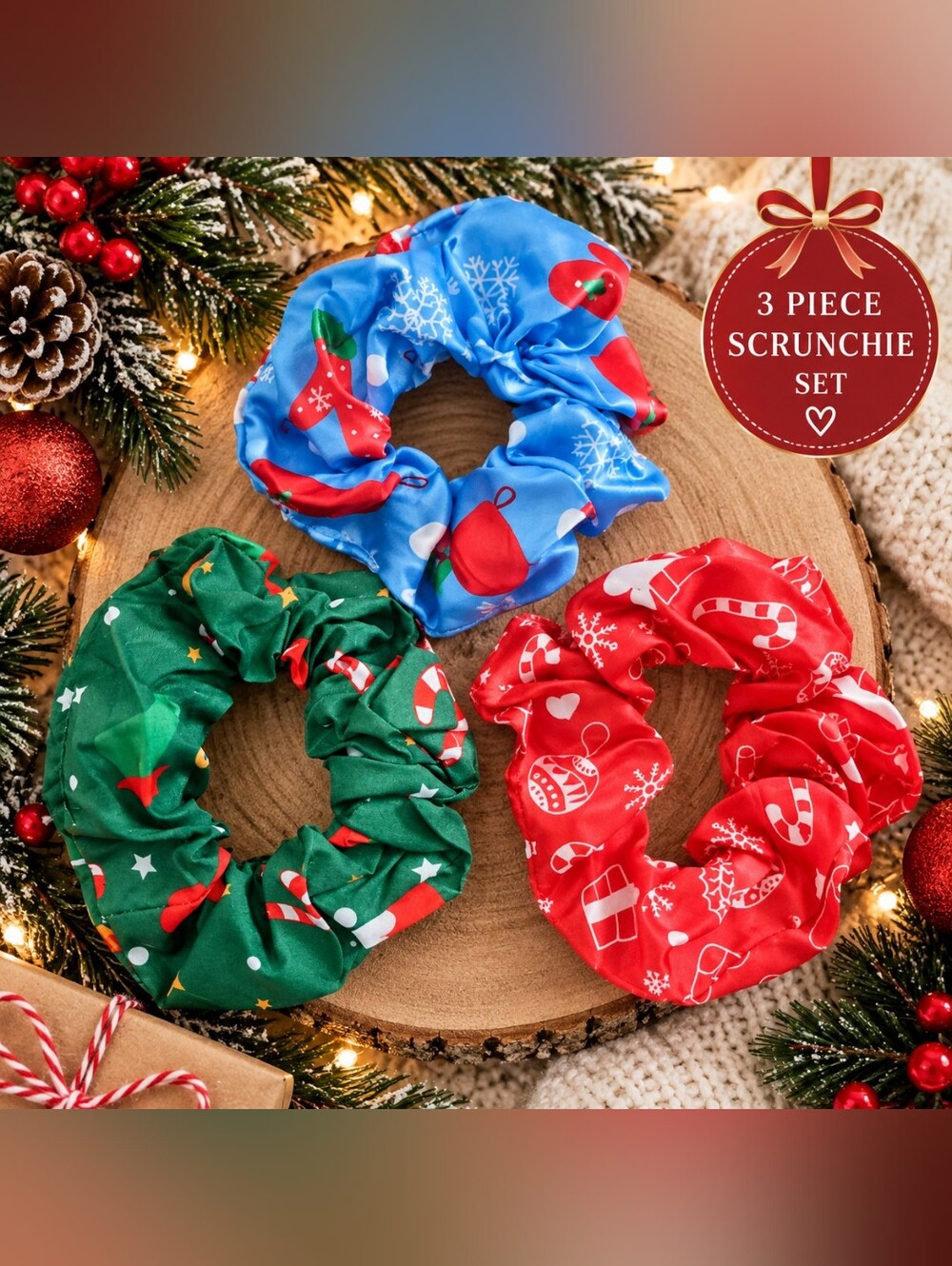 Large Silky Christmas Scrunchie Set of 3 Candy Cane Santa Snowflakes New